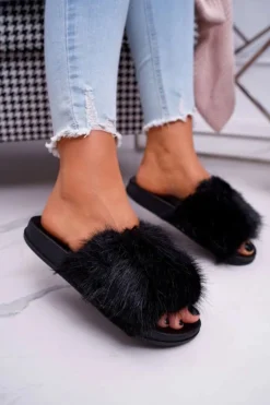 Boto Klapki Z Futerkiem|Klapki Damskie Klasyczne*Klapki Damskie z Futerkiem Czarne NiceFur
