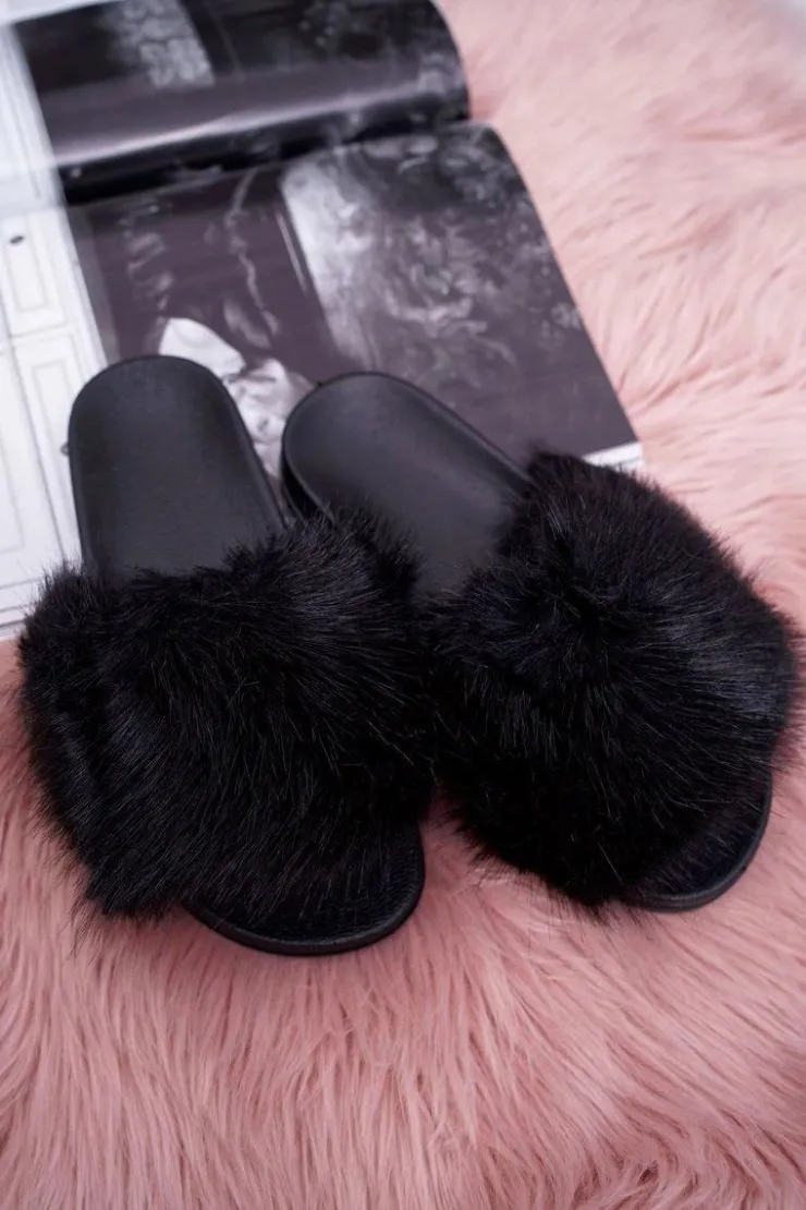 Boto Klapki Z Futerkiem|Klapki Damskie Klasyczne*Klapki Damskie z Futerkiem Czarne NiceFur