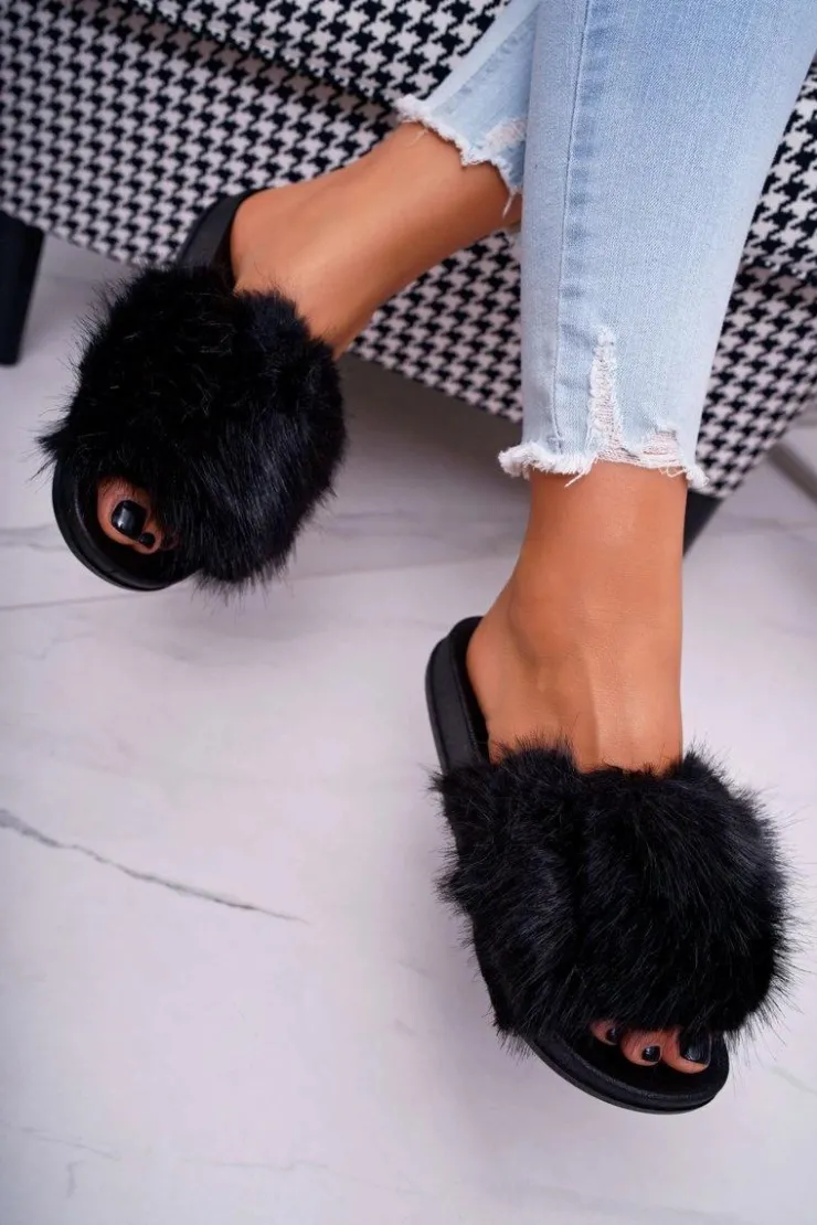 Boto Klapki Z Futerkiem|Klapki Damskie Klasyczne*Klapki Damskie z Futerkiem Czarne NiceFur