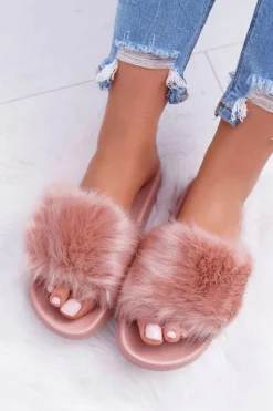 Boto Klapki Z Futerkiem|Klapki Damskie Klasyczne*Klapki Damskie Z Futerkiem Pudrowy Róż Fur