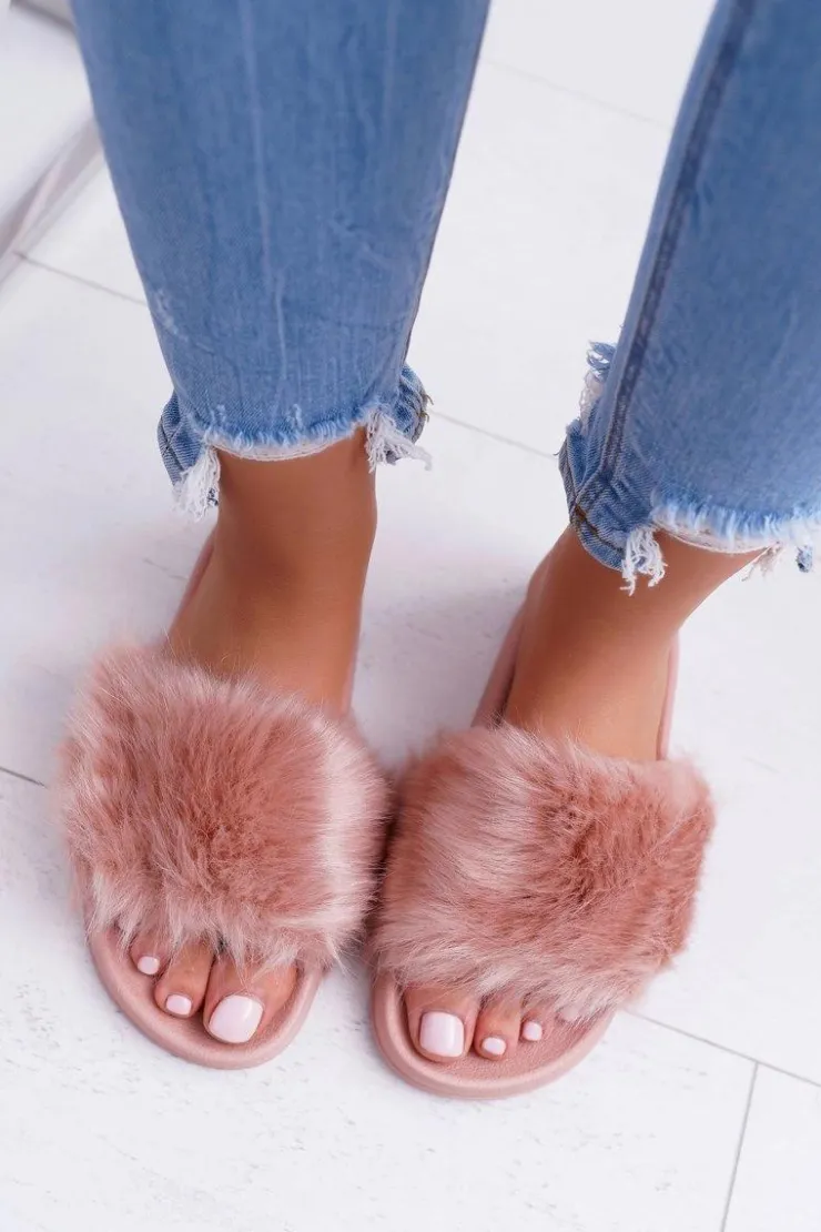 Boto Klapki Z Futerkiem|Klapki Damskie Klasyczne*Klapki Damskie Z Futerkiem Pudrowy Róż Fur