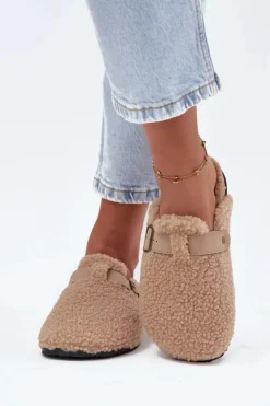 Sale Boto Klapki Damskie Z Futerkiem Typu Baranek Beżowe Lorivine Beżowy