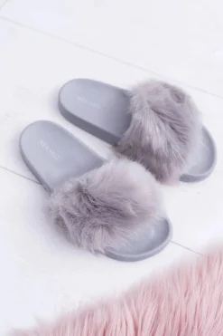 Damskie Boto Klapki Damskie Z Futerkiem Szare Fur