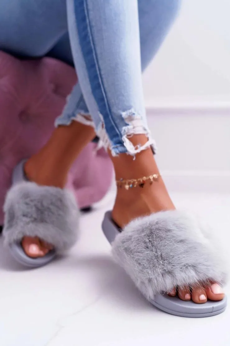 Online Boto Klapki Damskie z Futerkiem Jasno Szare NiceFur