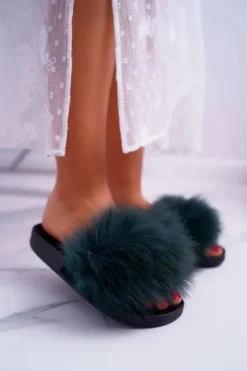 Damskie Boto Klapki Damskie Z Futerkiem Zielone Mellow