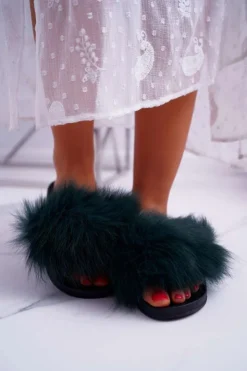 Damskie Boto Klapki Damskie Z Futerkiem Zielone Mellow