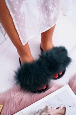 Damskie Boto Klapki Damskie Z Futerkiem Zielone Mellow