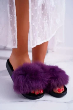 Boto Klapki Z Futerkiem|Klapki Damskie Klasyczne*Klapki Damskie Z Futerkiem Fioletowe Mellow