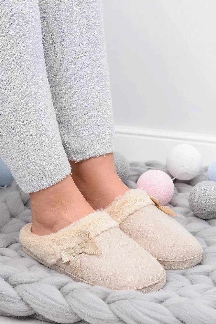 Damskie Boto Klapki Damskie Z Futerkiem I Kokardką SOXO Beżowe