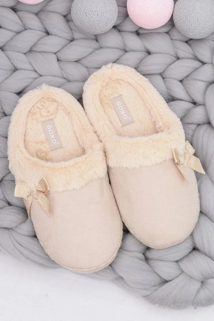 Damskie Boto Klapki Damskie Z Futerkiem I Kokardką SOXO Beżowe
