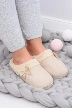 Damskie Boto Klapki Damskie Z Futerkiem I Kokardką SOXO Beżowe