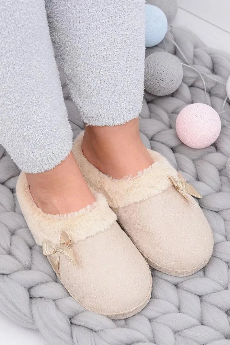 Damskie Boto Klapki Damskie Z Futerkiem I Kokardką SOXO Beżowe