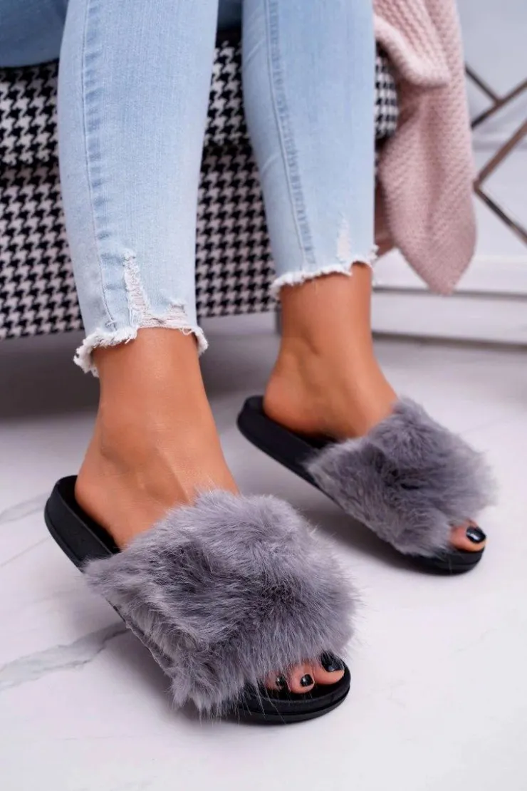 Boto Klapki Z Futerkiem|Klapki Damskie Klasyczne*Klapki Damskie z Futerkiem Szaro Czarne NiceFur