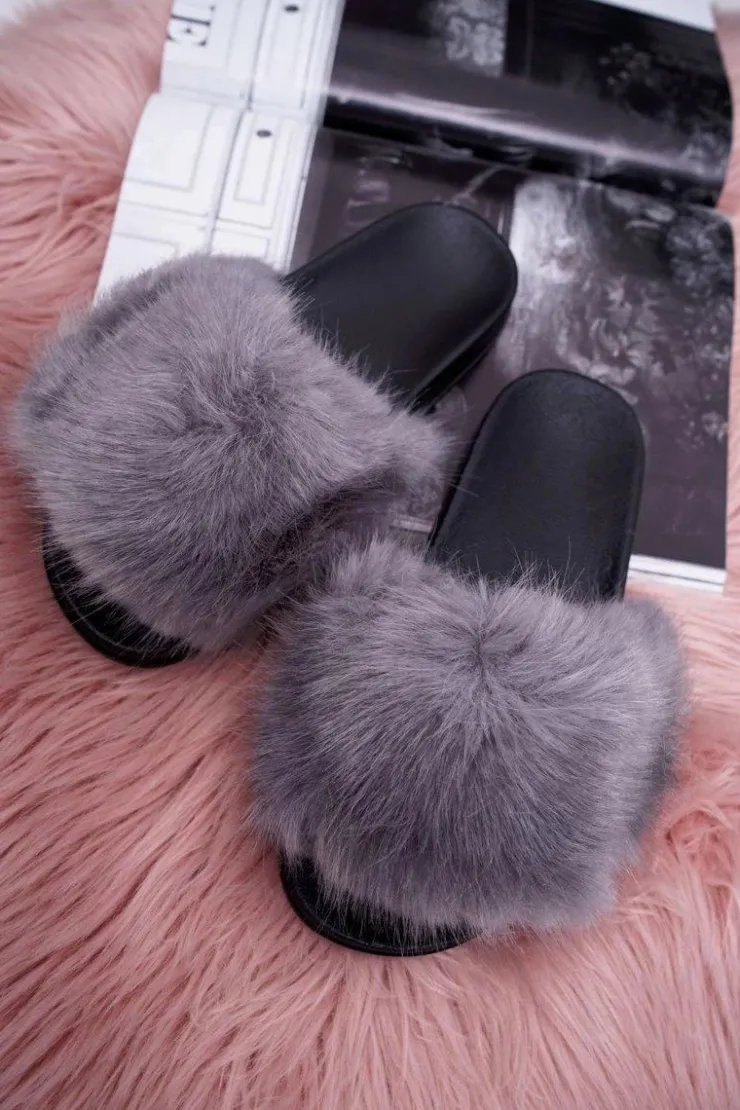 Boto Klapki Z Futerkiem|Klapki Damskie Klasyczne*Klapki Damskie z Futerkiem Szaro Czarne NiceFur
