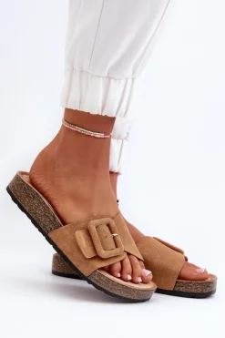 Best Boto Klapki Damskie Z Klamrą Eko Zamszowe Camel Laeltia