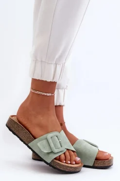 Damskie Boto Klapki Damskie Z Klamrą Eko Zamszowe Miętowe Laeltia