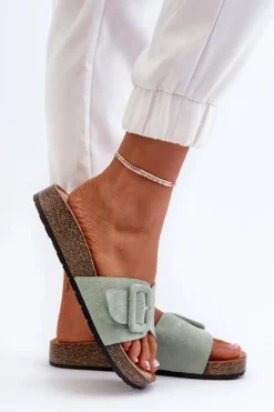 Damskie Boto Klapki Damskie Z Klamrą Eko Zamszowe Miętowe Laeltia