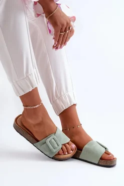 Damskie Boto Klapki Damskie Z Klamrą Eko Zamszowe Miętowe Laeltia