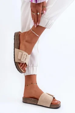 Clearance Boto Klapki Damskie Z Klamrą Eko Zamszowe Beżowe Laeltia