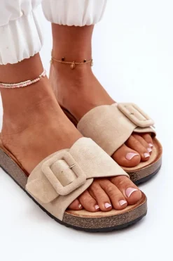 Clearance Boto Klapki Damskie Z Klamrą Eko Zamszowe Beżowe Laeltia