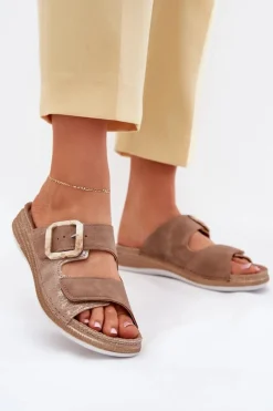 INBLU Klapki Na Platformie|Klapki Damskie Klasyczne*Klapki Damskie Z Klamrą I Rzepem MK000013 Brązowe Brązowy