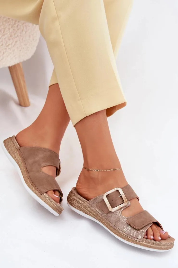 INBLU Klapki Na Platformie|Klapki Damskie Klasyczne*Klapki Damskie Z Klamrą I Rzepem MK000013 Brązowe Brązowy