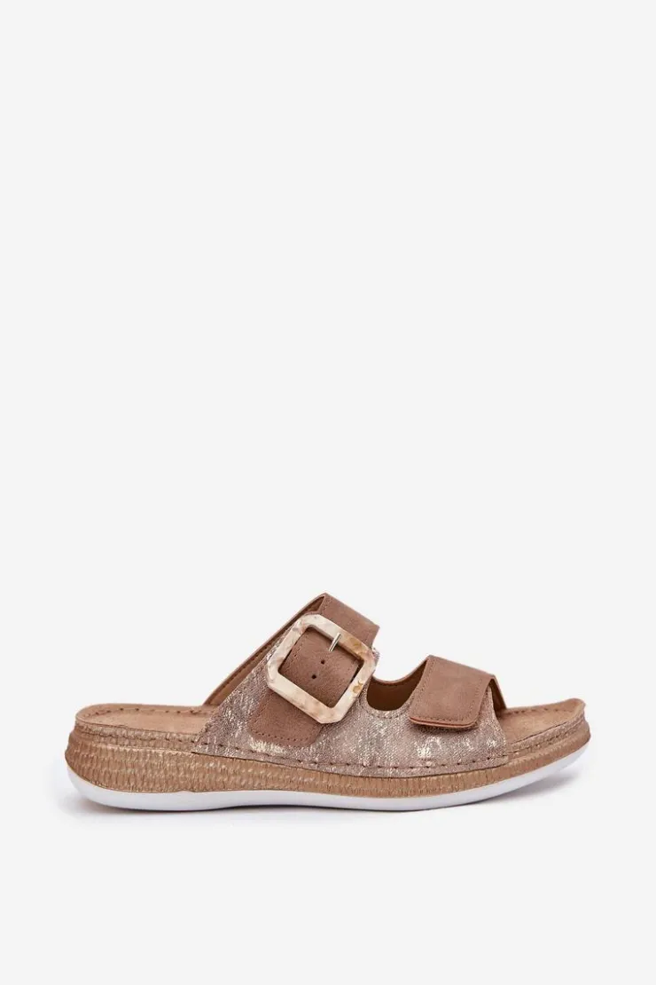 INBLU Klapki Na Platformie|Klapki Damskie Klasyczne*Klapki Damskie Z Klamrą I Rzepem MK000013 Brązowe Brązowy