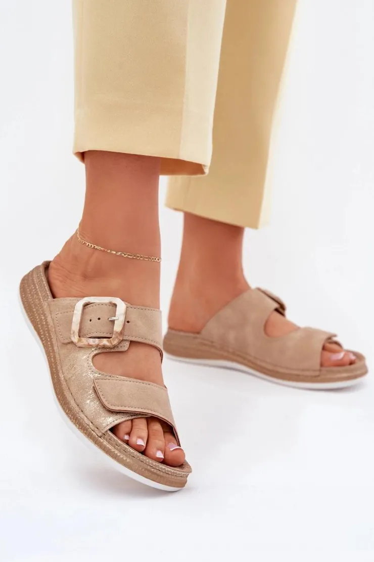 Damskie INBLU Klapki Damskie Z Klamrą I Rzepem MK000013 Beżowe