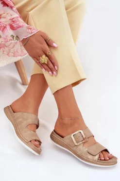 Damskie INBLU Klapki Damskie Z Klamrą I Rzepem MK000013 Beżowe