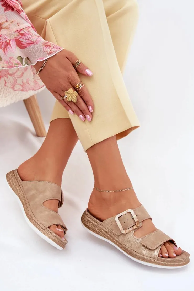 Damskie INBLU Klapki Damskie Z Klamrą I Rzepem MK000013 Beżowe