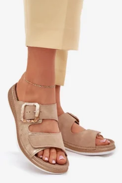 Damskie INBLU Klapki Damskie Z Klamrą I Rzepem MK000013 Beżowe