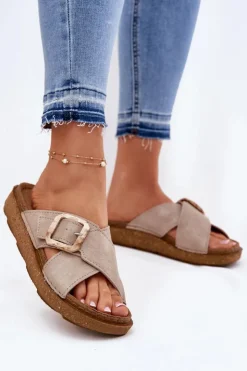 INBLU Klapki Na Platformie|Klapki Damskie Klasyczne*Klapki Damskie Z Klamrą ED000025 Beżowe