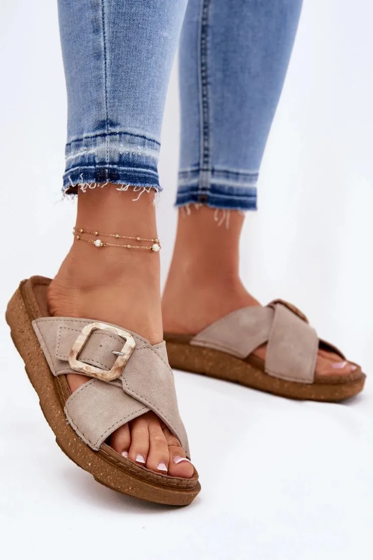 INBLU Klapki Na Platformie|Klapki Damskie Klasyczne*Klapki Damskie Z Klamrą ED000025 Beżowe