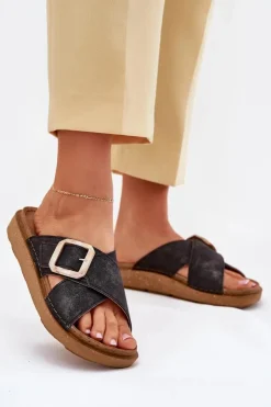 INBLU Klapki Damskie Z Klamrą ED000025 Czarne Czarny