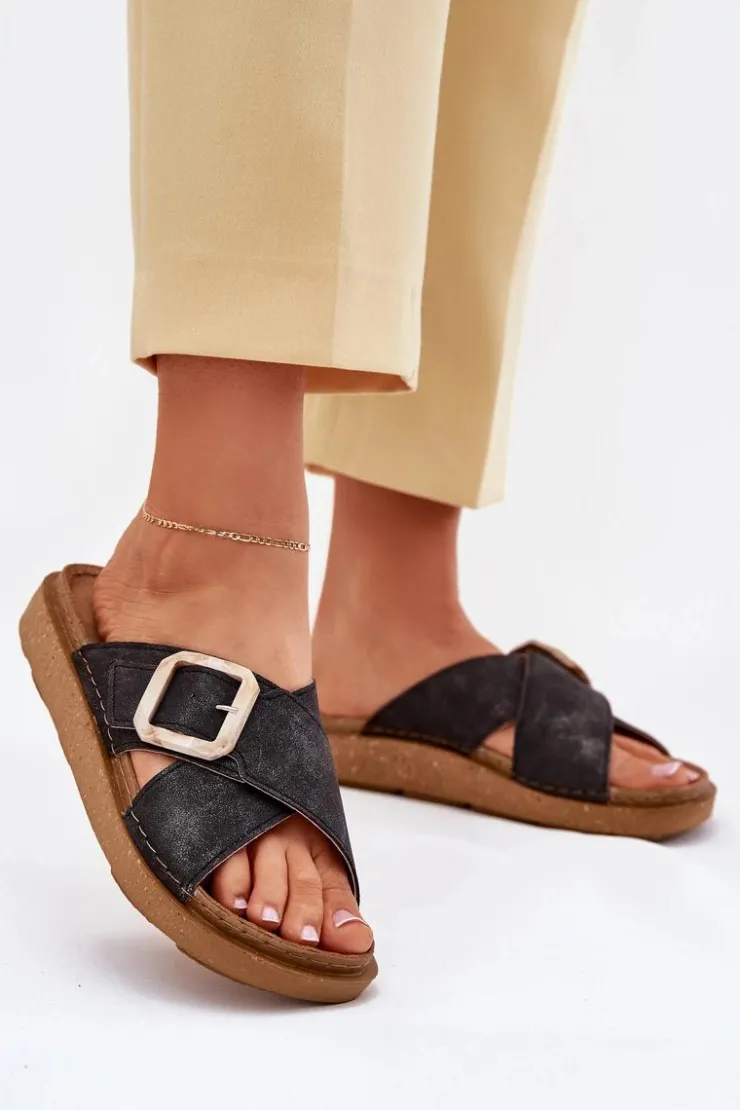 INBLU Klapki Damskie Z Klamrą ED000025 Czarne Czarny