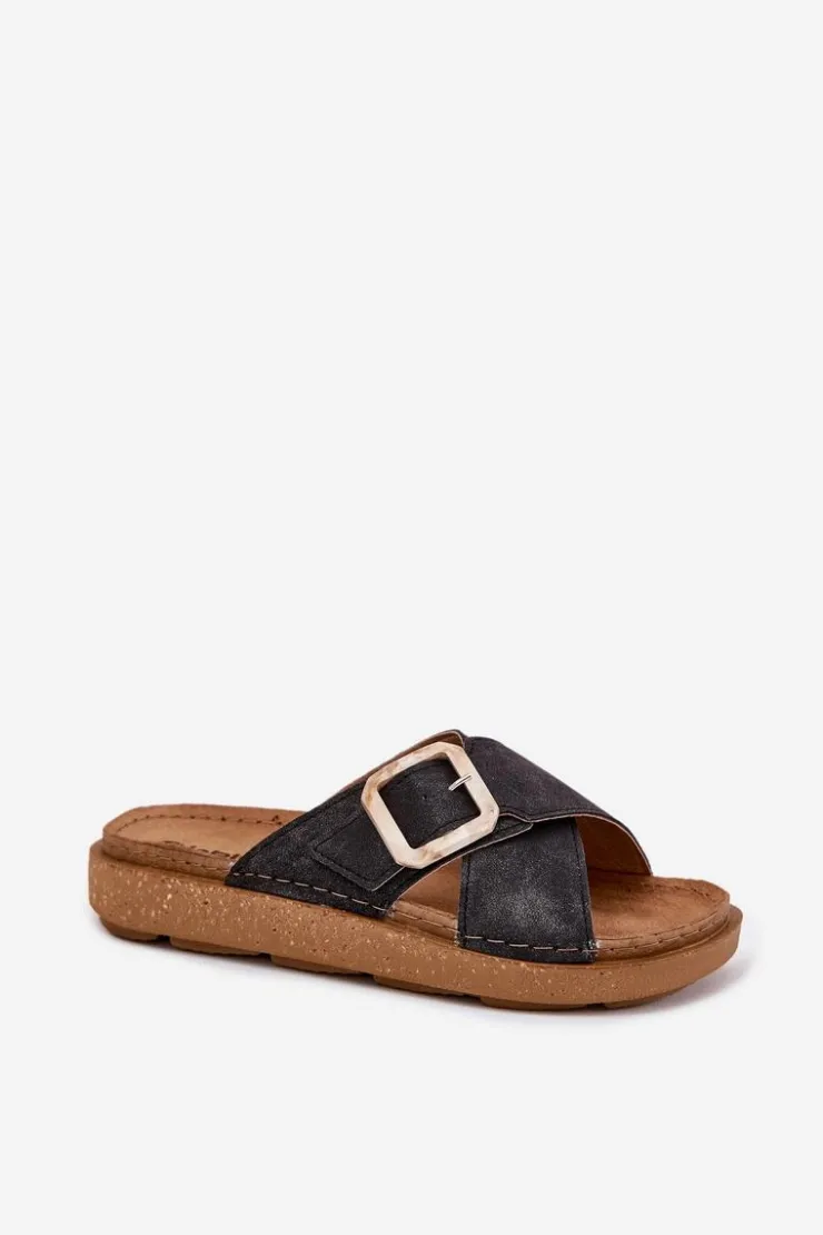 INBLU Klapki Damskie Z Klamrą ED000025 Czarne Czarny