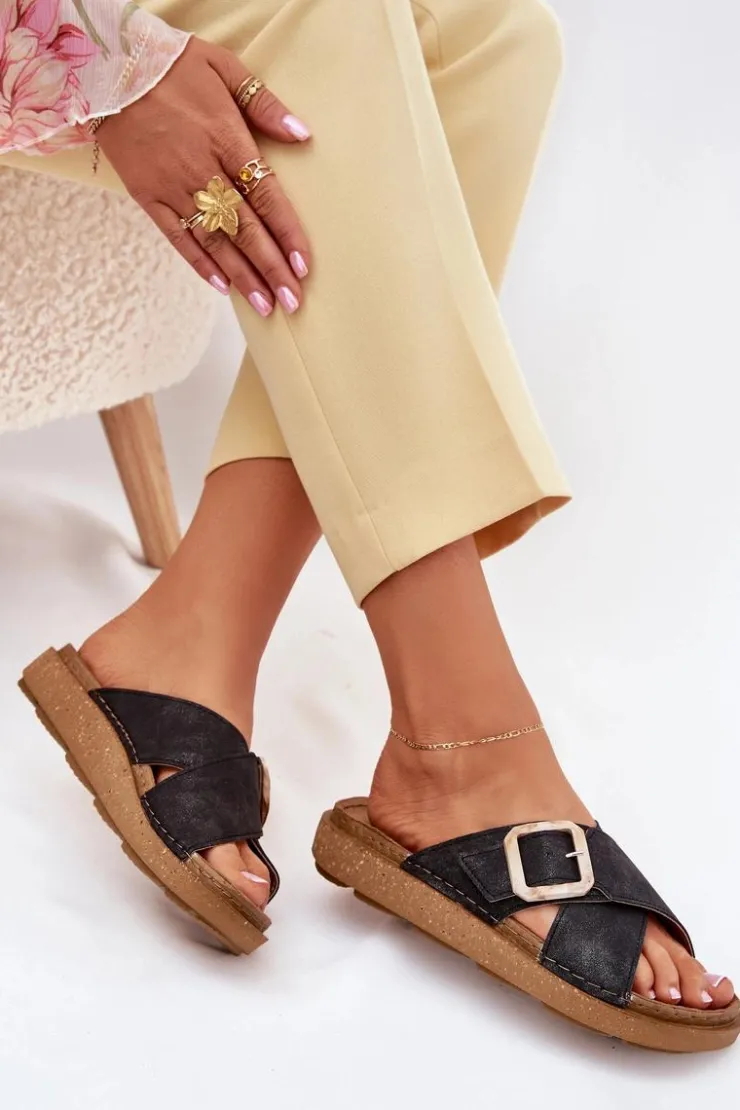 INBLU Klapki Damskie Z Klamrą ED000025 Czarne Czarny