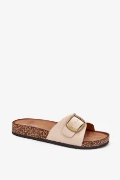 Outlet Boto Klapki Damskie Z Klamrą Na Korkowej Platformie Beżowe Zavira