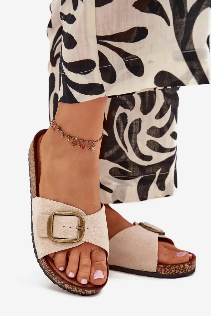 Outlet Boto Klapki Damskie Z Klamrą Na Korkowej Platformie Beżowe Zavira