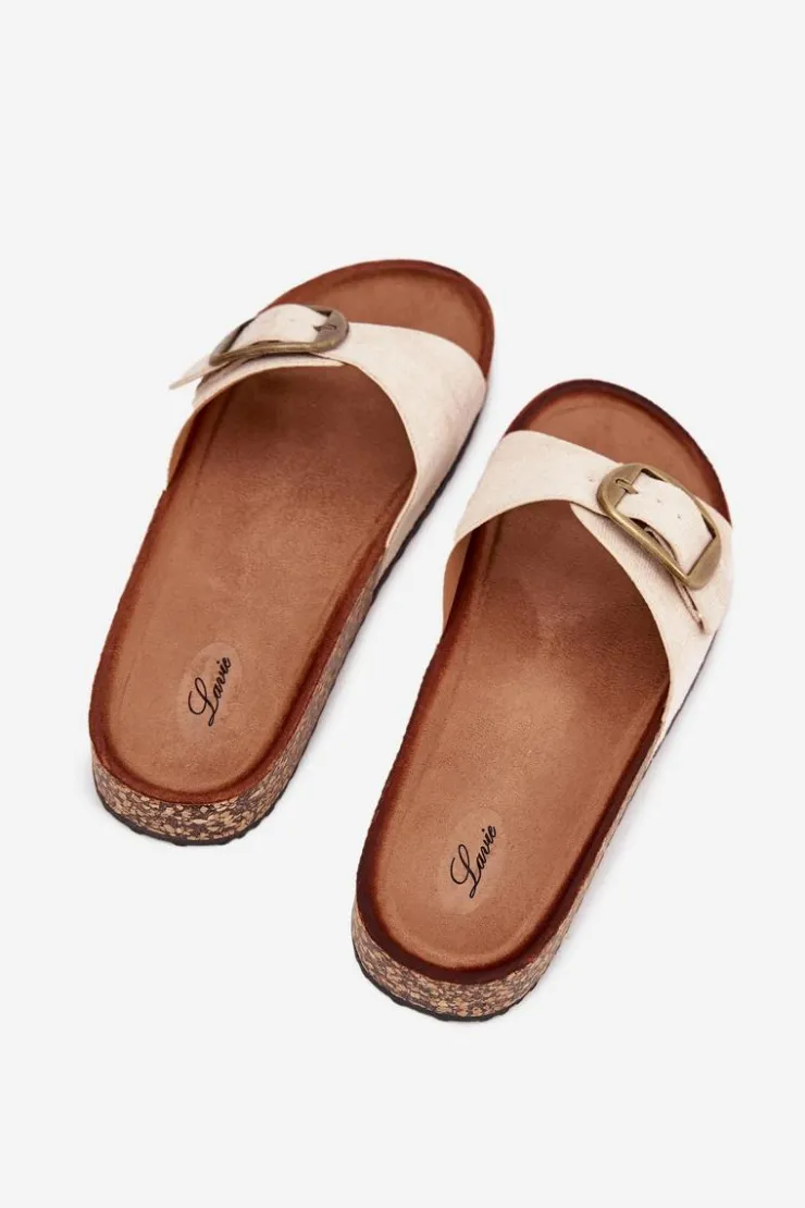 Outlet Boto Klapki Damskie Z Klamrą Na Korkowej Platformie Beżowe Zavira