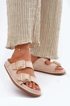 Outlet Boto Klapki Damskie Z Klamrami I Ozdobnym Obszyciem Beżowe Visley Beżowy