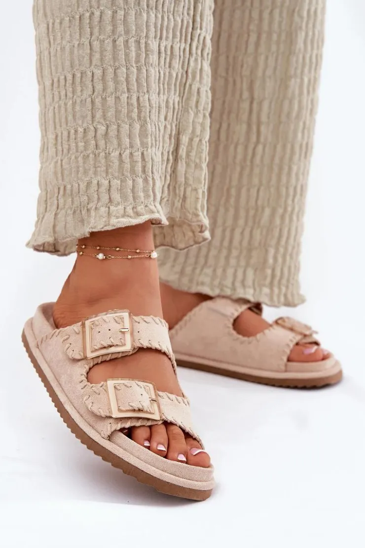 Outlet Boto Klapki Damskie Z Klamrami I Ozdobnym Obszyciem Beżowe Visley Beżowy