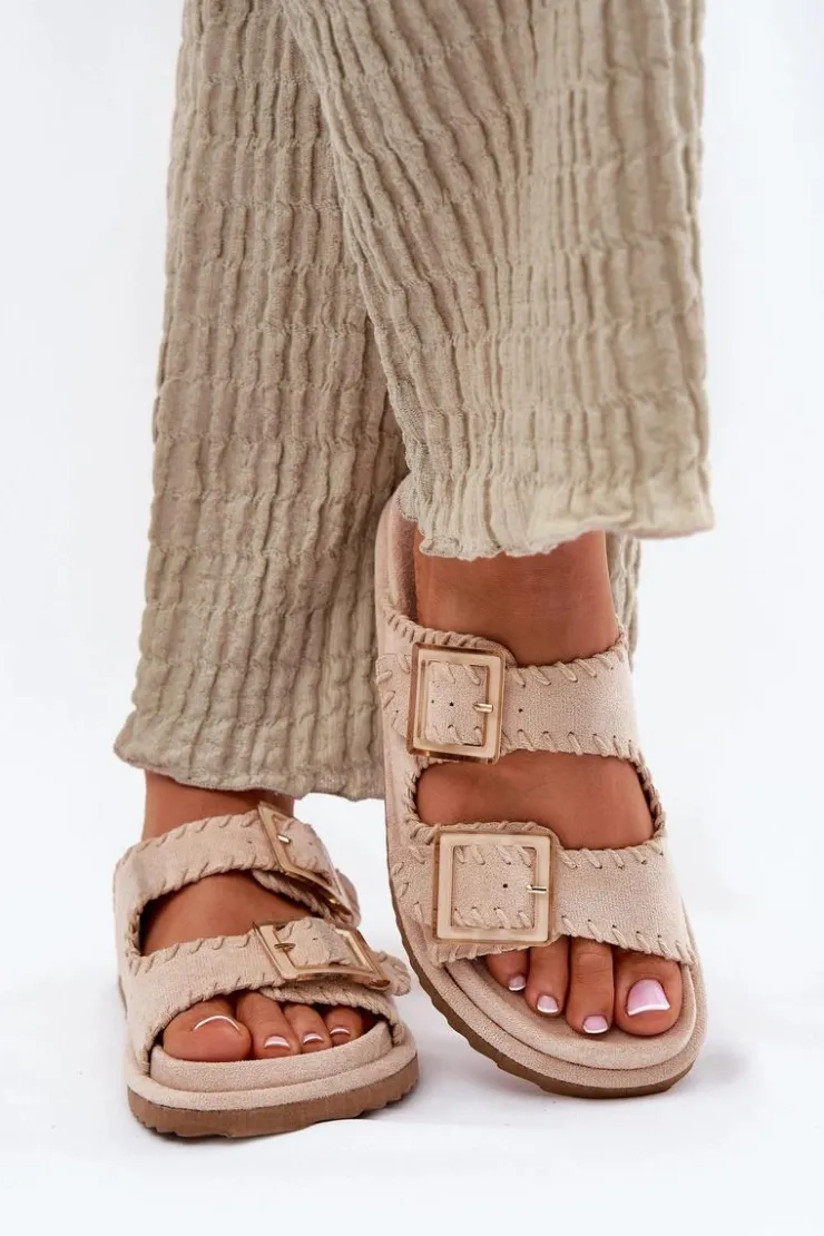 Outlet Boto Klapki Damskie Z Klamrami I Ozdobnym Obszyciem Beżowe Visley Beżowy