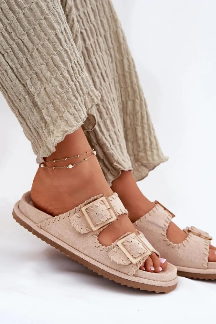 Outlet Boto Klapki Damskie Z Klamrami I Ozdobnym Obszyciem Beżowe Visley Beżowy