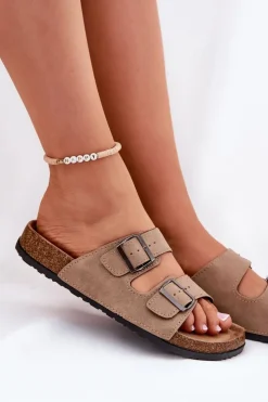 Outlet Evento Klapki Damskie Z Klamrami Na Korkowej Platformie Beżowe Galurena