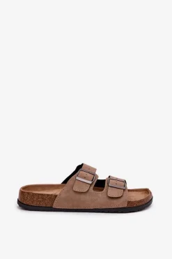 Outlet Evento Klapki Damskie Z Klamrami Na Korkowej Platformie Beżowe Galurena