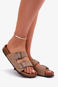 Outlet Evento Klapki Damskie Z Klamrami Na Korkowej Platformie Beżowe Galurena