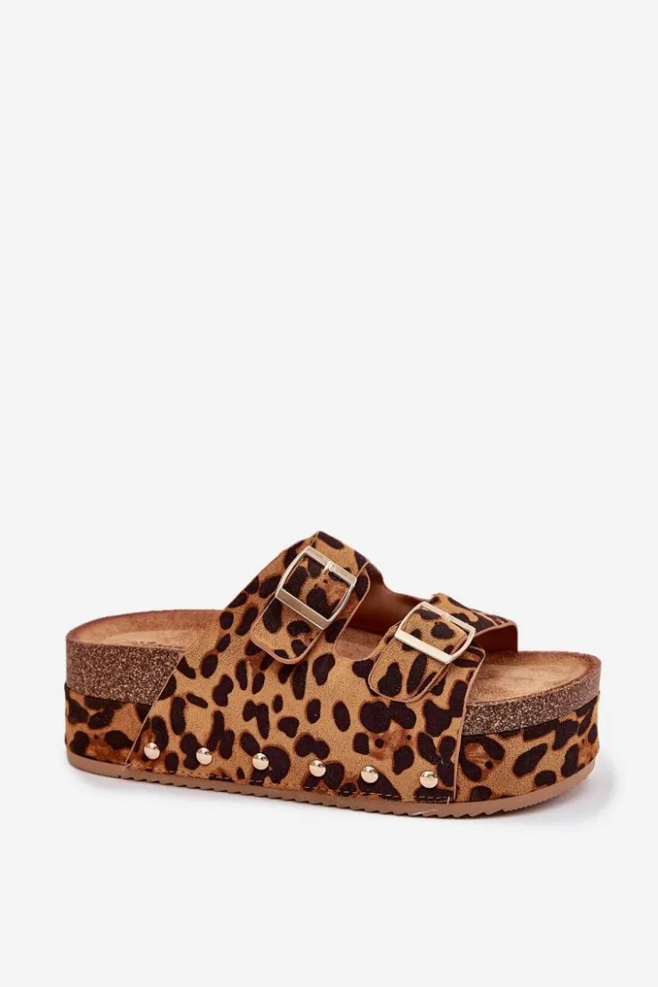 Boto Klapki Korkowe|Klapki Na Platformie*Klapki Damskie Z Klamrami Na Masywnej Platformie Panterka Odisene Brązowy
