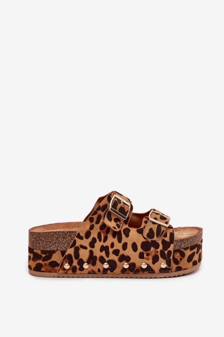 Boto Klapki Korkowe|Klapki Na Platformie*Klapki Damskie Z Klamrami Na Masywnej Platformie Panterka Odisene Brązowy