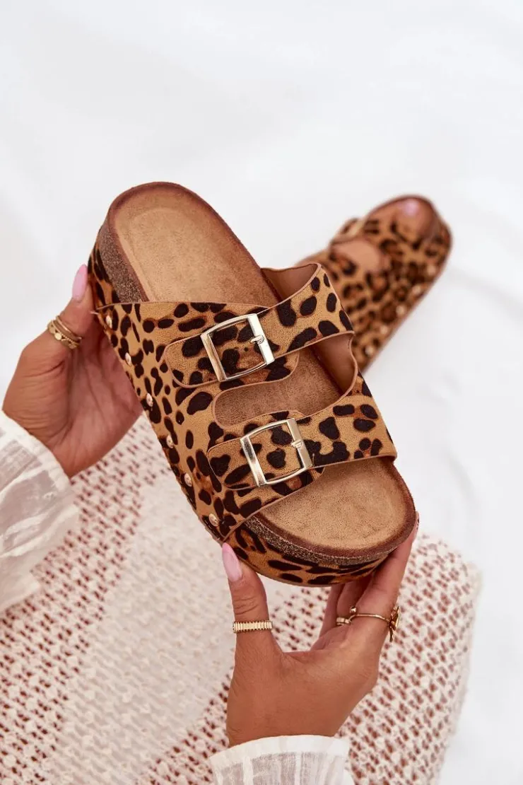 Boto Klapki Korkowe|Klapki Na Platformie*Klapki Damskie Z Klamrami Na Masywnej Platformie Panterka Odisene Brązowy